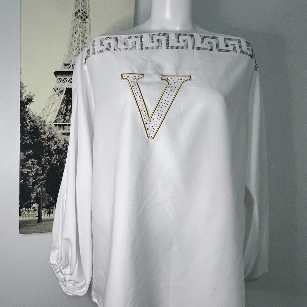 Chic White Off-Shoulder Blouse with Gold Accents - Picture 2 of 9